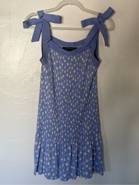French Connection Doria Poeny Dress M Smocked Body Bow Ties Paradiso Blue